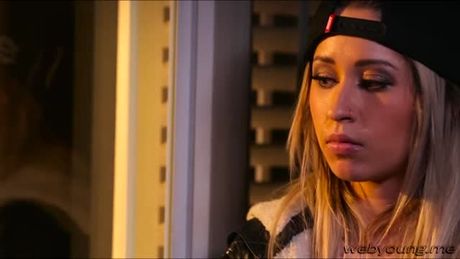 Goldie helps Rachel take off her silky red dress exposing her bare nipples for her lesbian lover. They both undress and goes pussy tribbing.