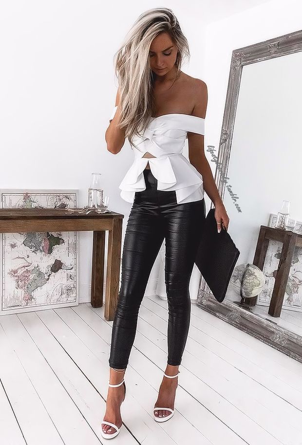 Sexy blonde skin tight leather pants