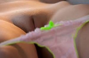 panties pulled down, shaved pussy