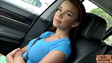 Stranded teen Raven Redmond gives an expert blowjob