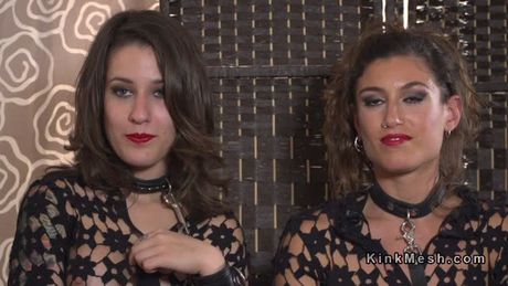 Bound slaves in see through dresses walk in public