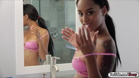 Busty ebony Elisse gives head and is fucked by a white cock