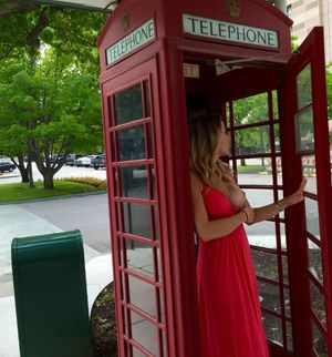 Beautiful blonde wife in sexy red dress flashing her breast in public