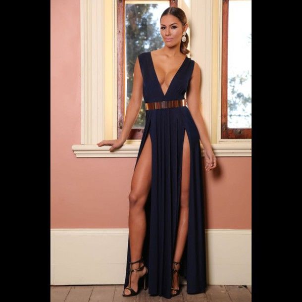 Plunge neck split leg dress