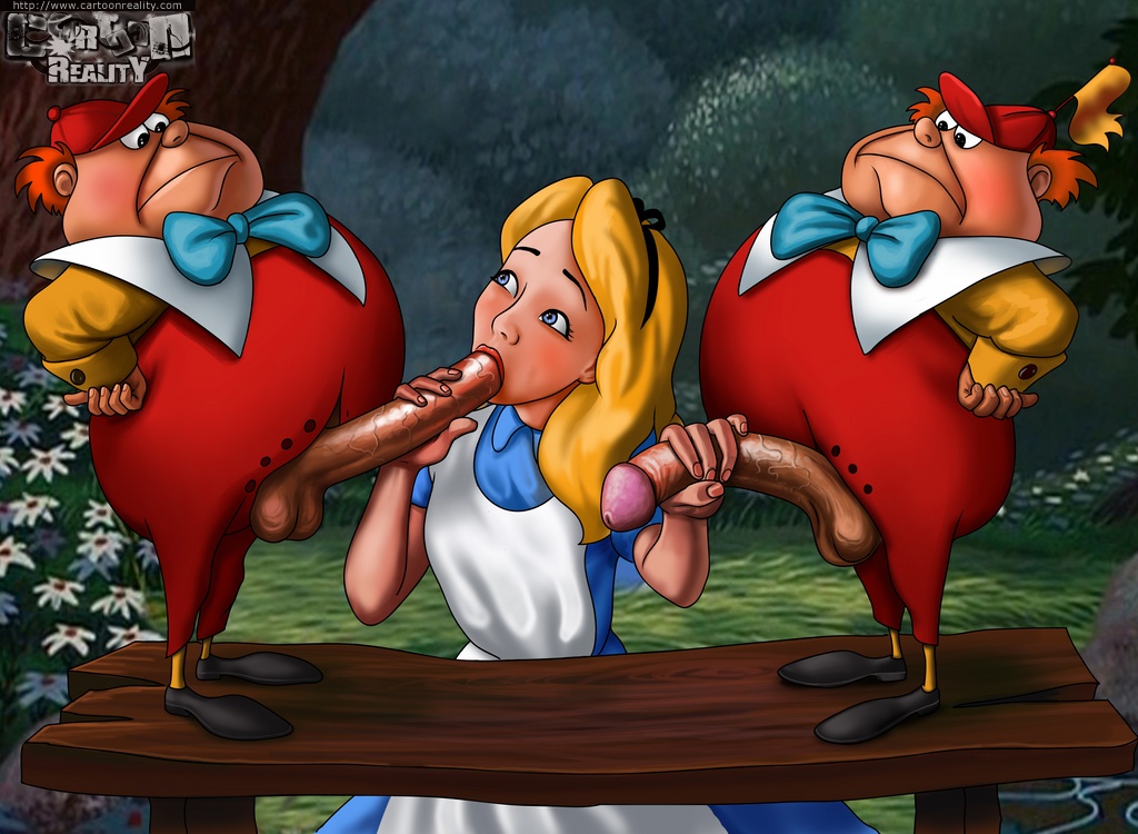 Slutty Alice in Wonderland sucking both Tweedledee and Tweedledum' s dicks