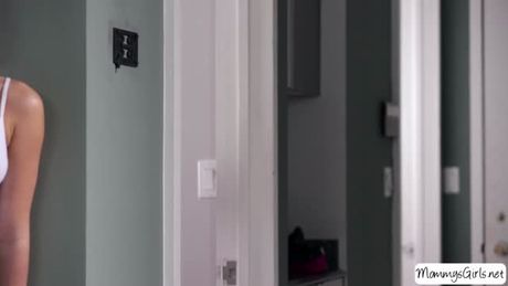 Lesbian Tiffany Watson sneaks into her stepmom Alexis Fawx suitcase while she's taking her shower. She finds her stepmom lingerie.