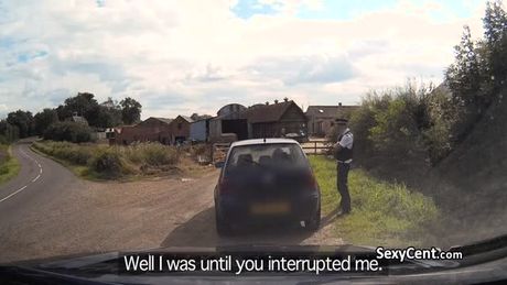 Slutty blonde fucks in police car