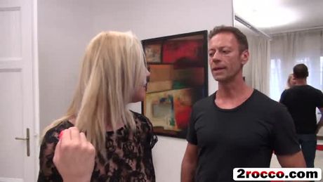 Amazing European busty blonde slut participates in a rough blowbang