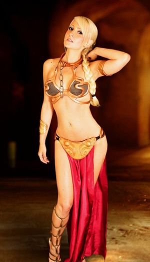 Sexy blonde cosplays Slave Leia