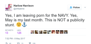 Porn star Harlow Harrison is quitting porn to join the Navy....