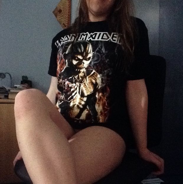 Me wearing nothing but the new shirt I got from Iron Maiden's O2 Arena concert last night