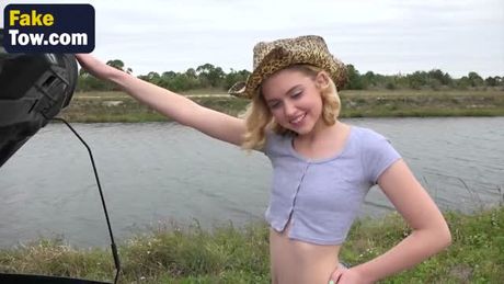 Stranded hot blonde hitches ride on BBC outdoors