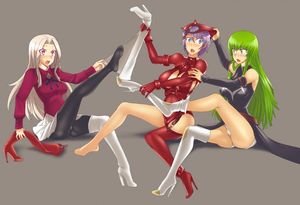 c.c., evil rose, and irisviel von einzbern (code geass, fate/zero, fate (series), and rumble roses) drawn by corn syrup