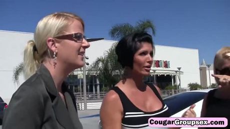 Three lusty MILFs in an amazing foursome fuck with handsome stud