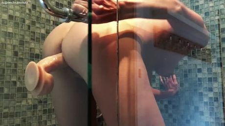 Shower door dildo fuck