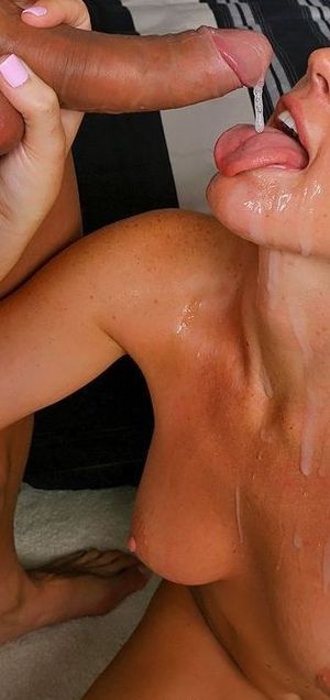 blonde catches cum with tongue but also let it spill in neck chest and tits--none goes to the floor