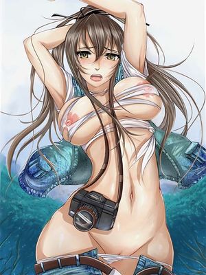 Busty chick in ripped shirt with falling down jean shorts