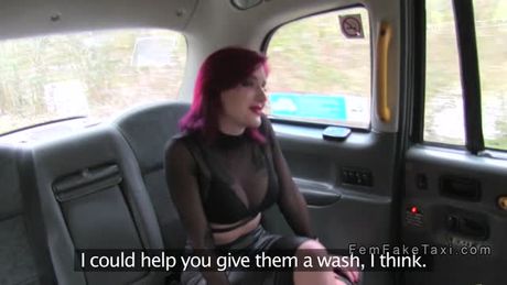 Two pink haired lesbians fuck in fake taxi