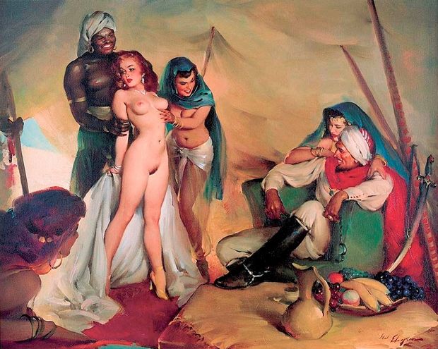 Brunette presents new redheaded slave to her master. ("Still Life" pinup painting by Gil Elvgren)