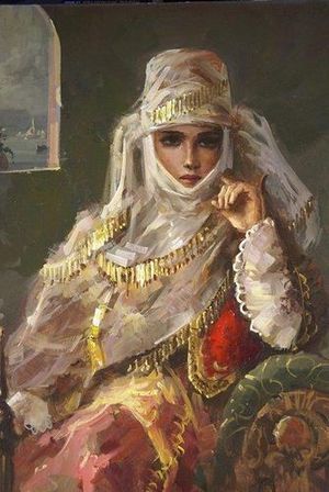 The harem woman, well draped for modesty, about to go to market