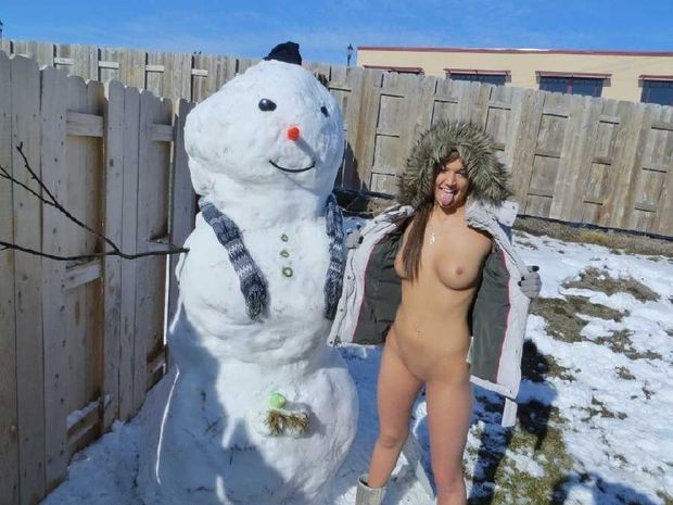Dared to get naked outside by the snowman.