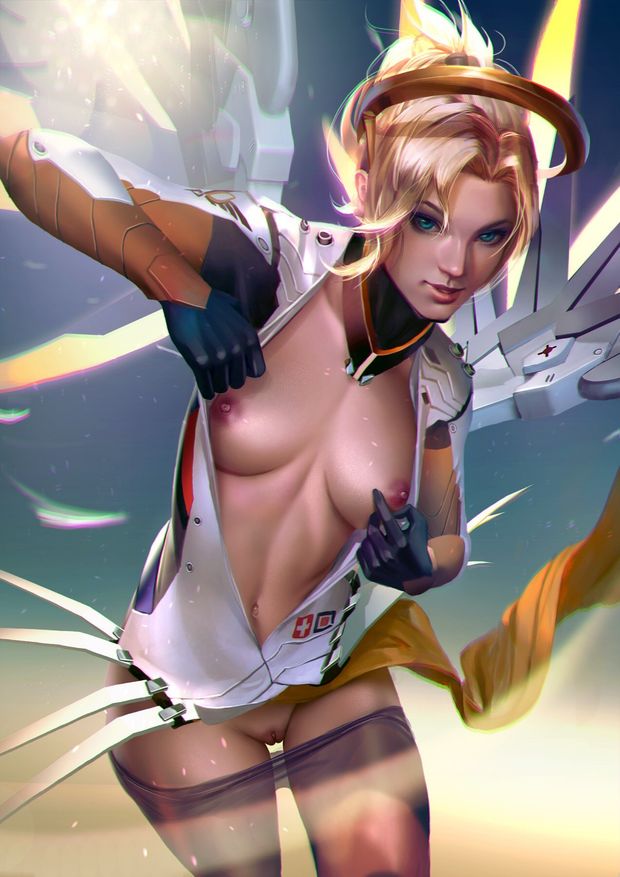 Mercy opening her shirt