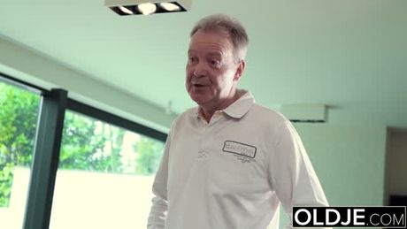 Enjoy romantic sex session with sweet brunette babe fucked by an old pervert!