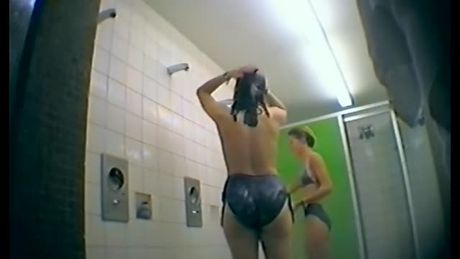Hairy cuties spied in a public shower