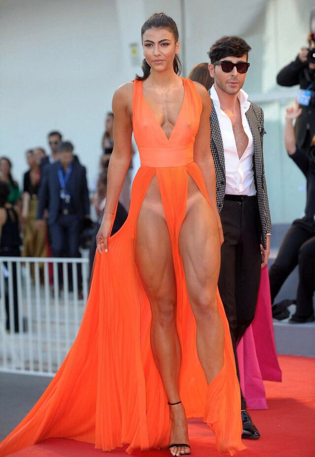 Buff tanlined babe on red carpet