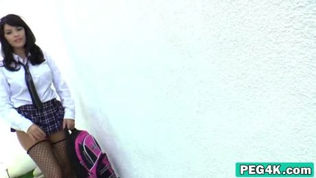 Slutty brunette babe makes a man sucking a strapon before she shoves it up in his ass