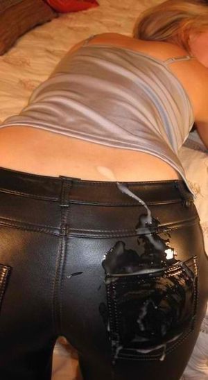 blonde with cum on black leather pants