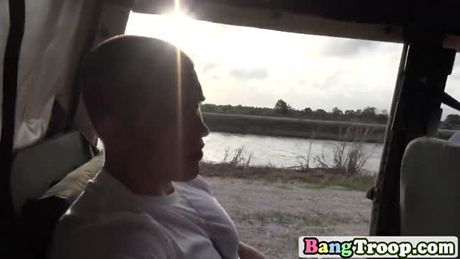 Soldier rides a big gay cock on car hood outdoors