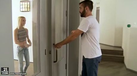 Cute blonde giving footjob