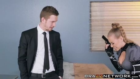 Busty Nicole Aniston jumps and rides on thick long sword