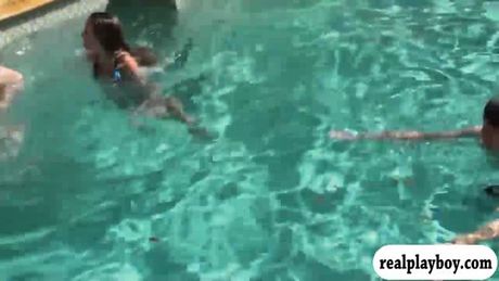Sweet college teens in bikini hot group sex by the pool