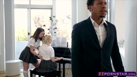 Two cute teens fucked hard by a black piano teacher