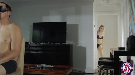 Horny babe Sierra Nicole pretends to be her stepdads wife she asks him to blindfold himself and wait for her surprise.