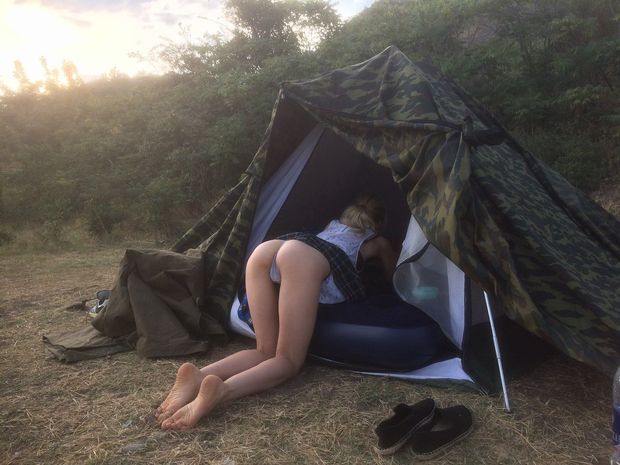 Cute tempting ass out of the tent