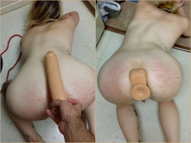 Small blonde wife takes huge dildo in her ass. Very impressive!