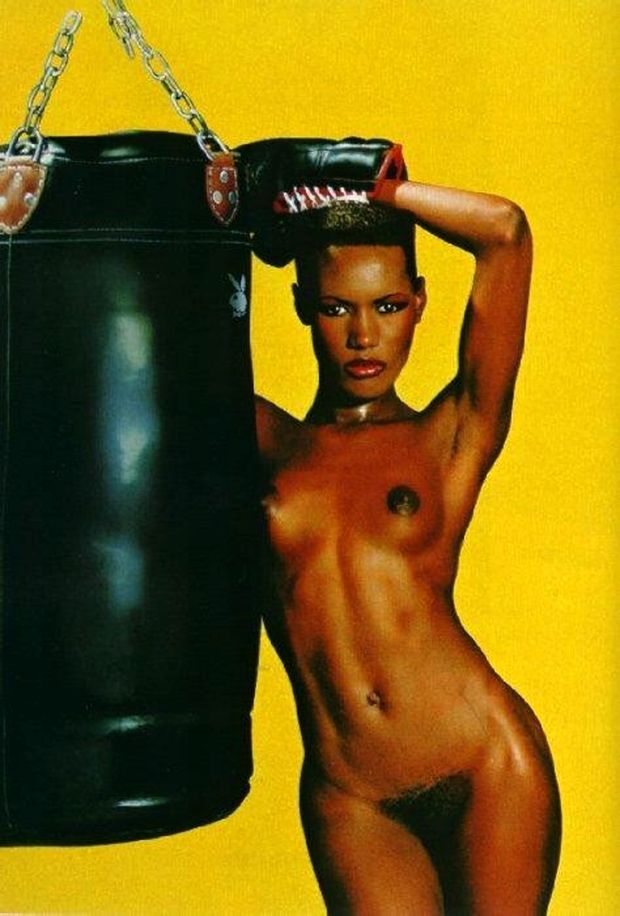 Famous singer and actress Grace Jones totally nude in the gym