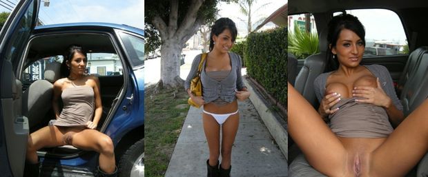 Naked slut likes to flash in public her shaved pussy