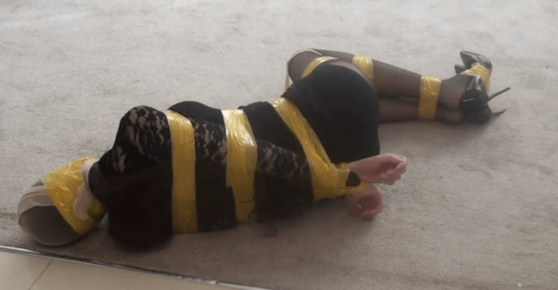 Chinese Amateur In A Dress Taped Up So Tight She Can Barely Move