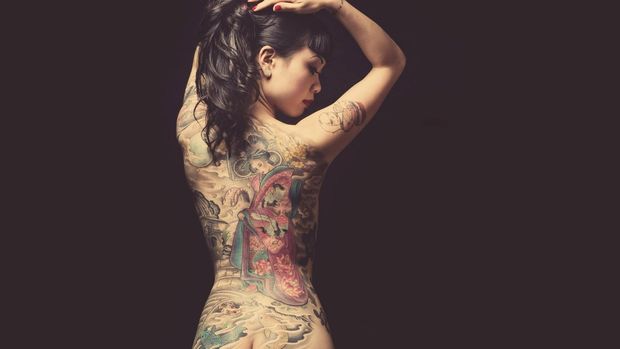 Asian Beauty with Asian-Themed Full Back Tattoo