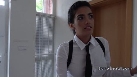 Teen brunette in uniform banged by lesbian maid