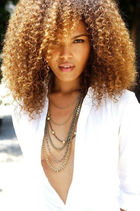 Caramel Babe with Great Honey Blond Curls in Open White Blouse