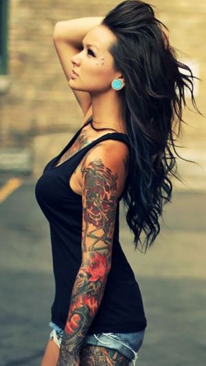 Gorgeous Brunette with Full Sleeve Tattoo and More Plus Great Hair