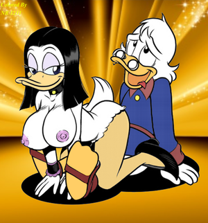 e621 anthro avian big_breasts bird black_hair breasts clothing collaboration duck ducktales duo erect_nipples eyewear fabio_paulino feathers female glasses hair horny_(disambiguation) long_hair looking_back magica_de_spell male male/female nipples nr1231