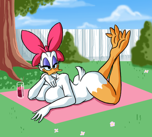 e621 2014 anthro avian beverage big_breasts bird bow breasts butt daisy_duck disney duck female flower food grass hair_bow hair_ribbon legs_up looking_at_viewer lordstevie nude outside plant ribbons sky solo teasing tree