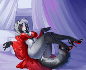 e621 after_sex anthro bed blush bra breasts clothing cum cum_in_pussy cum_inside cum_leaking demicoeur female footwear high_heels mammal mature_female nightgown open_mouth procyonid pussy raccoon scar shoes solo underwear