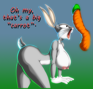 e621 anthro balls big_breasts breasts bugs_bunny carrot crossgender duo english_text erection female food lagomorph looney_tunes mammal nipples nude omegabrush penis rabbit simple_background solo_focus text vegetable warner_brothers